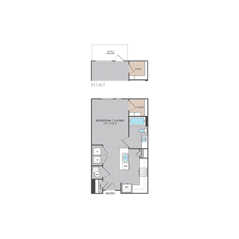 Floor plan for studio, 1 bath, 533 sqft